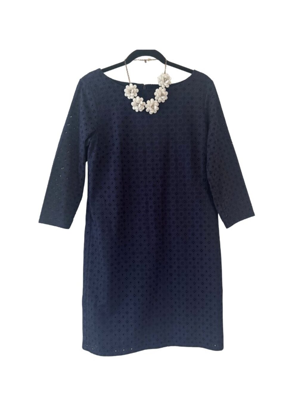 L.L.Bean Navy Eyelet Shift Dress Size 8 Embroidered Cotton Classic - Picture 2 of 8